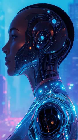 Female Cyborg Receiving Power Surge on Neon Rooftop, Pulsing Circuits in Cyberpunk City