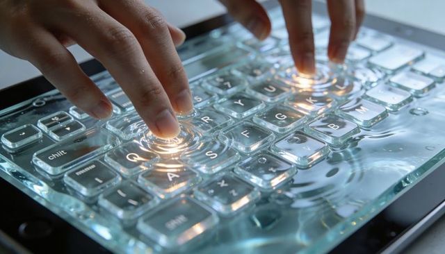 Glassy backlit touchscreen keyboard with fingertips creating water ripples and glow