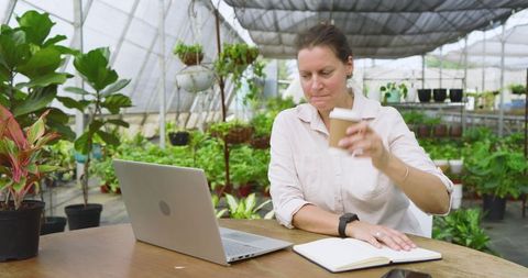 Senior Woman Working on Laptop in Greenhouse Surrounded by Lush Plants
