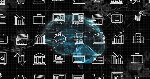 Holographic Brain with Finance Icons on Digital Interface