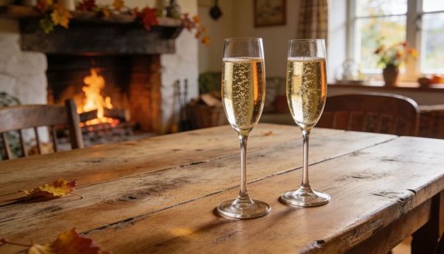 Champagne flutes on rustic farmhouse table by roaring fireplace in autumn cottage