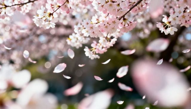 Drifting cherry blossom petals falling from blooming branch in soft spring bokeh light