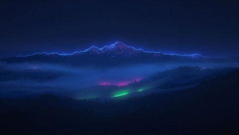 Neon-outlined mountain ridge over misty night valley with cyberpunk magenta teal glow