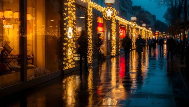 Shops glowing on wet evening street with holiday lights and reflections