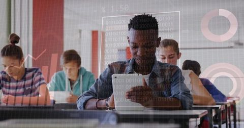Adult student using tablet in classroom with digital analytics overlays for edtech learning