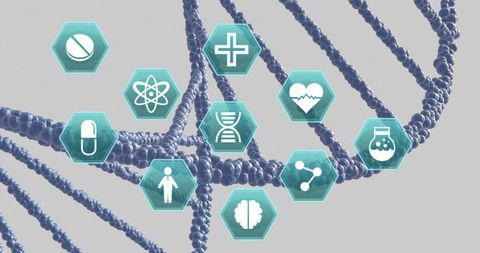 Medical Icons Overlaying DNA Strand Art emphasizing Healthcare