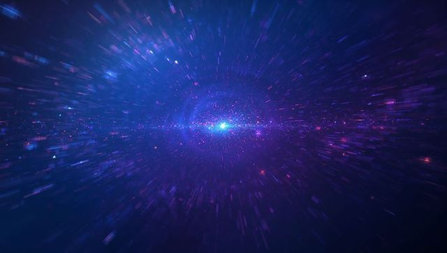 Neon Cosmic Warp with Radiant Core and Purple Particle Streaks for Futuristic Backgrounds