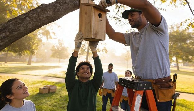 Community volunteers installing wooden birdhouse on tree in park during sunrise