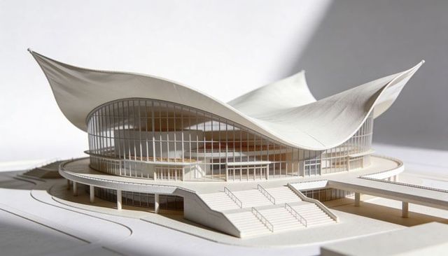 Architectural scale model featuring sweeping tensile roof and circular glass podium