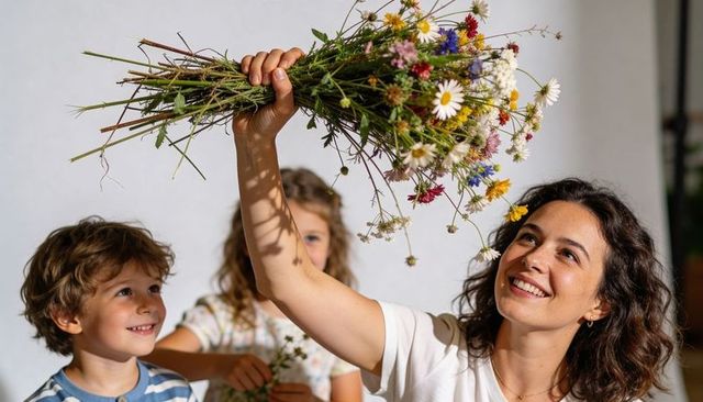 Smiling mother holding wildflower bouquet while children admiring daisies at home