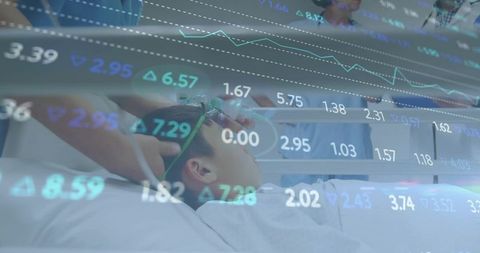 Nurse adjusting oxygen mask for child patient in hospital bed with market data overlay