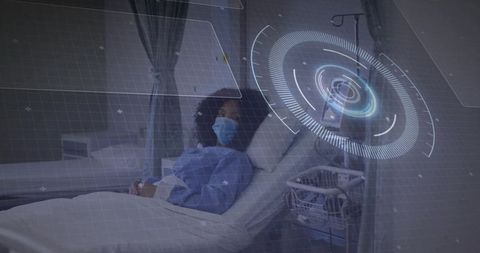 Patient observing holographic medical data in hospital