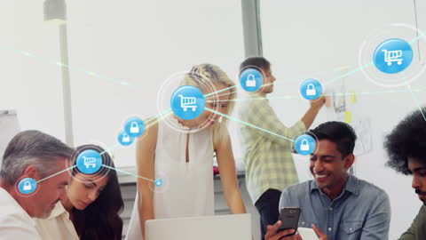 Diverse Team Collaborating with Digital Shopping Icons