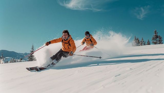 Skiers Descending Snowy Mountain in Vivid Orange Jackets