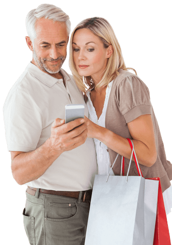 Senior caucasian couple browsing smartphone on shopping spree
