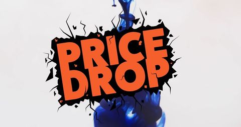 Price drop text with splashing blue liquid