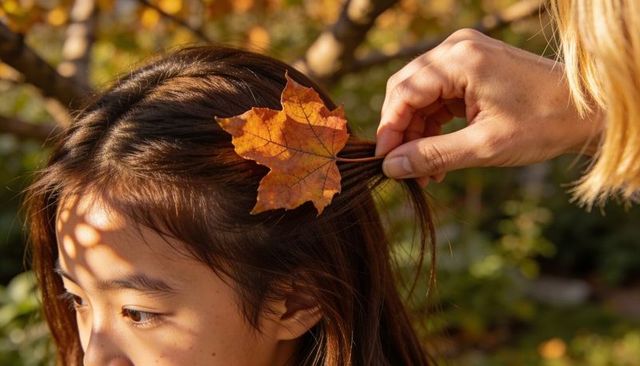 Hand placing maple leaf hair accent on teen under dappled autumn sunlight