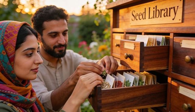 Muslim couple sorting seed packets at outdoor seed library during golden hour