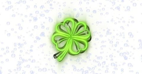 Glowing neon four-leaf clover emblem floating on white bubble background with drop shadow
