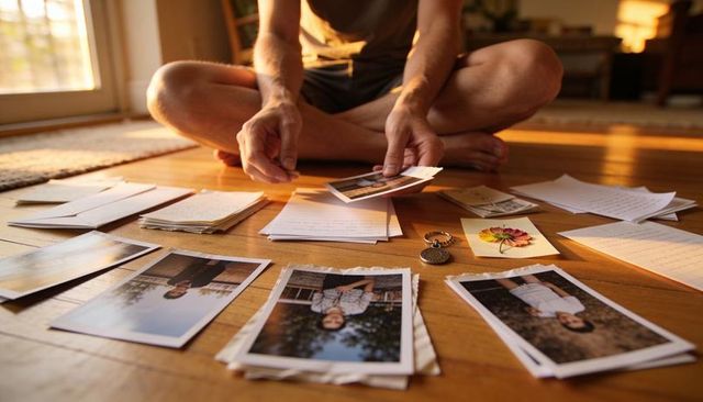 Sorting nostalgic family prints and handwritten letters on sunlit wooden floor