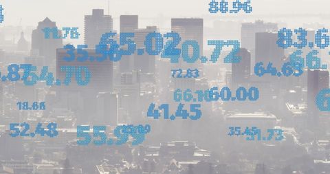 Financial data overlay on urban cityscape gloomy daylight