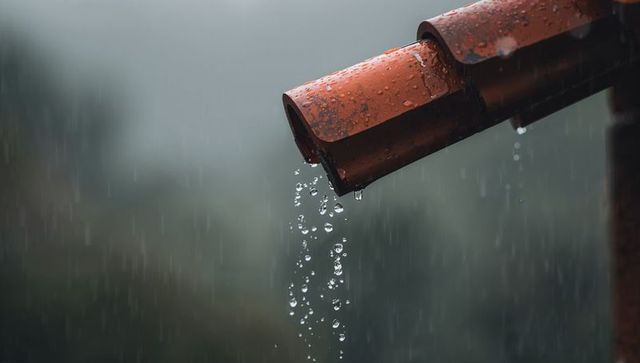 Rusty curved tile gutter dripping rainwater against moody blurred background, close-up