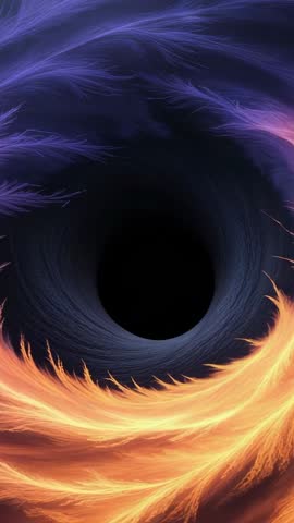 Vertical abstract vortex swirl with fiery orange and cosmic purple plumes motion loop