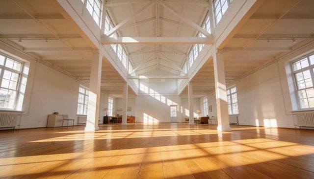 Sunlit minimal loft interior showing exposed trusses, clerestory windows and polished wood floor