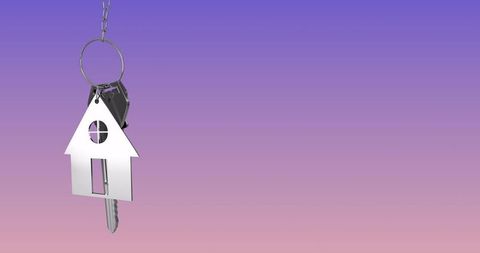 Hanging metallic house keychain with cutout window and door against violet-pink gradient