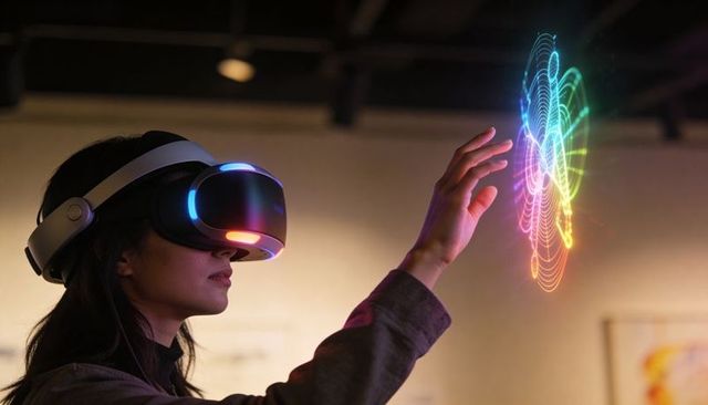 Woman using vr headset reaching toward colorful holographic spiral interface demo gallery