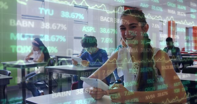 Stock market data processing against portrait of girl using digital tablet in class. back to school and education concept