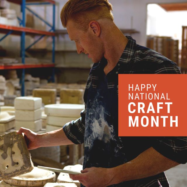 Male potter examining a ceramic piece in his workshop, celebrating National Craft Month. Ideal for promoting craft events, workshops, or potter profiles. Perfect for advertising National Craft Month activities or related creative pursuits.