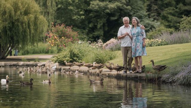 Senior couple embracing and smiling on pond edge with ducks and willow trees, park stroll