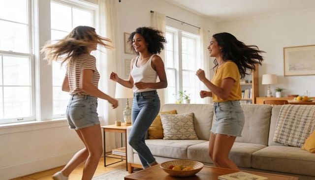 Three friends dancing in sunlit living room wearing denim shorts and jeans, casual summer home party