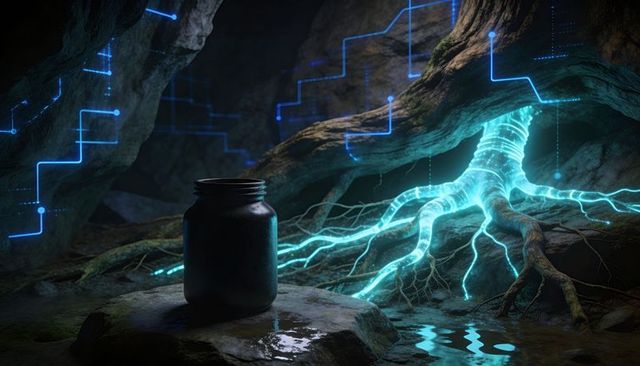 Dark jar on wet stone in cavern with glowing bioluminescent roots and neon tech circuits