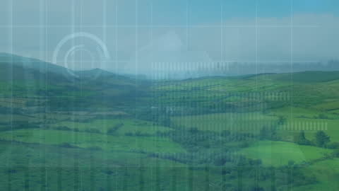 Digital Financial Data Overlay on Rural Landscape Background