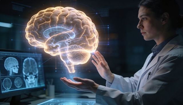 Female Researcher Manipulating Holographic Brain Visualization with MRI Scans and AI