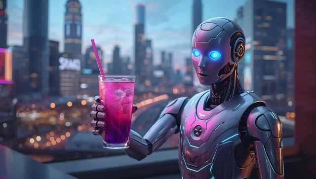 Futuristic Cyborg with Neon Drink Overlooking Cityscape