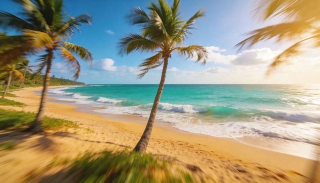 Swaying leaning palm over turquoise surf on sunlit tropical beach with golden sand