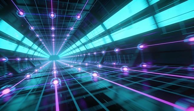 Streaming neon grid tunnel guiding magenta beams and glowing nodes toward cyan horizon