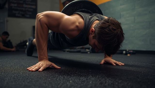 Athlete performing weighted push-up with barbell plate on rubber gym floor for strength