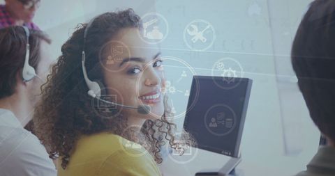 Diverse Business Team in Modern Office with Digital Interface Overlay