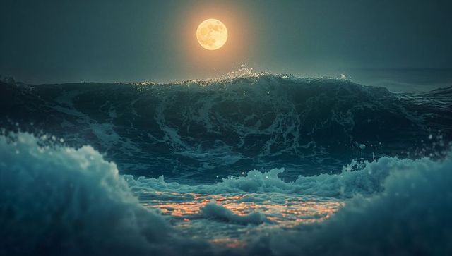 Majestic Ocean Waves Under Full Moonlight
