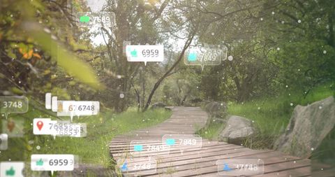 Social media network overlay on wooden park path