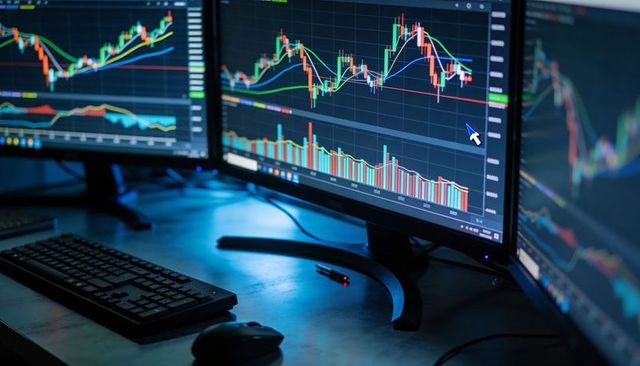 Triple-monitor trading workstation showing candlestick charts, volume bars and analytics