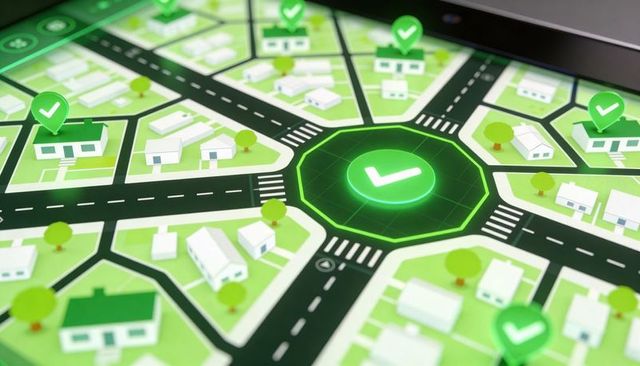 Interactive neighborhood map displaying green checkpins and central verified roundabout