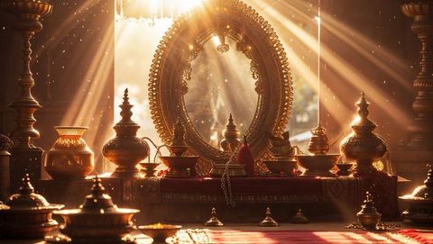 Sacred temple altar with ornate mirror and brass elements, vishu festival