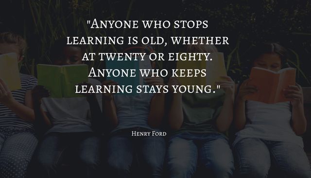 Children enthusiastically reading books together, featuring a motivational quote by Henry Ford about learning and staying young. Perfect for use in educational campaigns, literacy drives, classroom materials, posters, and social media promotions aimed at encouraging reading and lifelong learning.