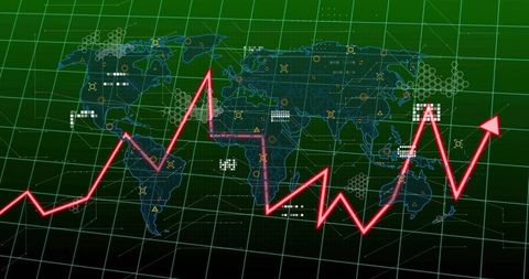 Neon red trend line cutting across world map dashboard for futuristic data visualization