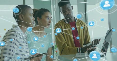 Diverse Team Collaborating on Digital Network Interface